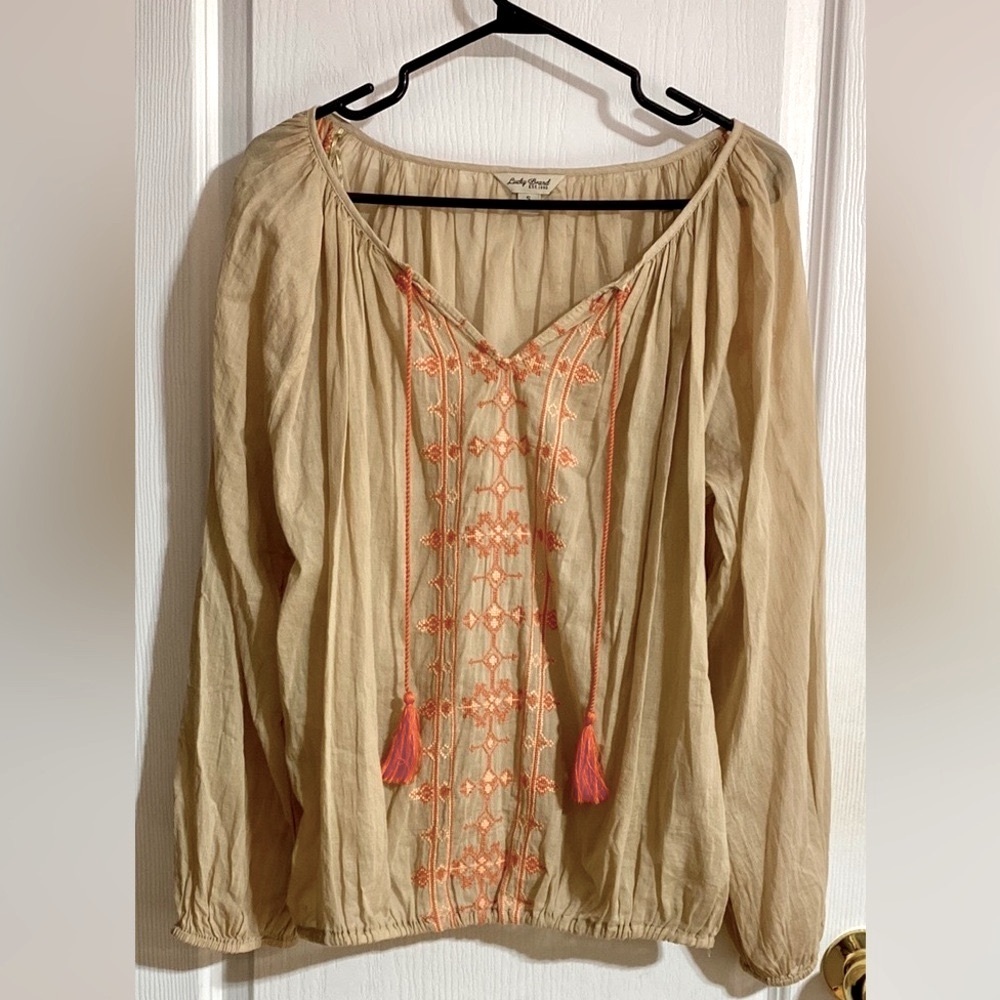 Lucky Brand Cream Boho Tassel Cotton Lightweight Flowy Coastal Blouse Size Small